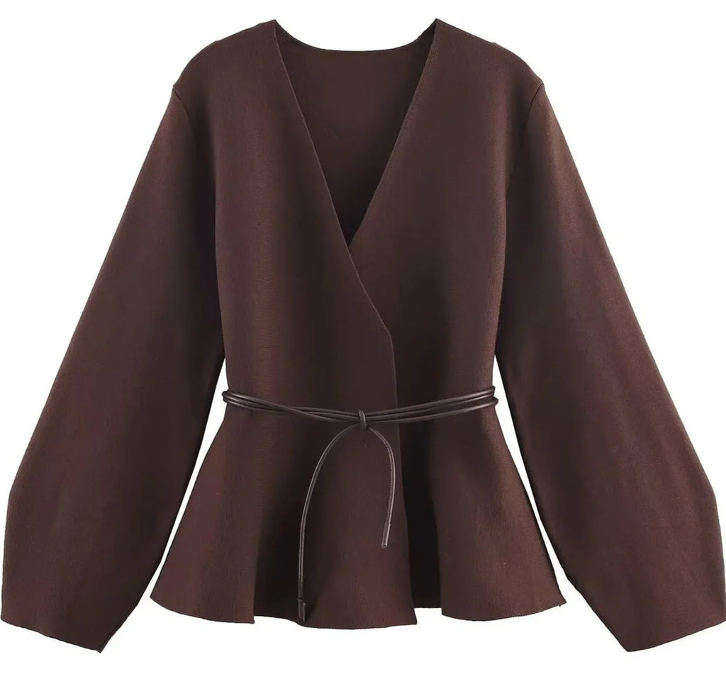 Giacca Kimono Donna con Cintura Marrone